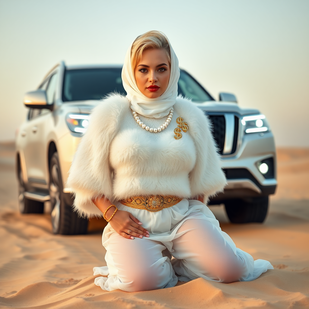 Kuwait desert dunes misty dawn, full size luxury SUV: Melissa, European 17 years old very convincing femboy “trophy-bimbo”, tamed servile docile, very beautiful feminine flawless face, rather short, by hormones very curvaceous womanly figured, platinum blond short tight curls, bold red lips, heavily made-up face, wearing Supertanya-style fluffy very fuzzy bright white angora turtleneck-poncho cropped ending under bust decorated with pearls and gemstones, striking oriental wide gold bridal protection belt, white fully transparent harem pants, full Oriental bridal jewelry, white transparent full Burka, coin anklets, striking diamond “$$$” letter brooch on left chest, pout frustrated, hands tied behind back, kneeling in sand in front of SUV, looking at camera. Focus on face and turtleneck-poncho.