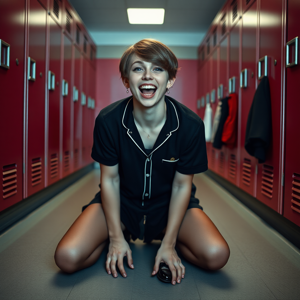 photorealistic, ultra high resolution, 16K, surreal fantasy, soft studio lighting, Tyler Swift is a pretty 17 year old goth male, slim male physique, short dark hair, blue eyes, goth makeup, earrings, sheer grey pantyhose, UK girls-school uniform, Mary-Jane shoes, kneeling on the floor of the locker room looking up at the camera, excited open mouth smile, drooling saliva, facing the camera.