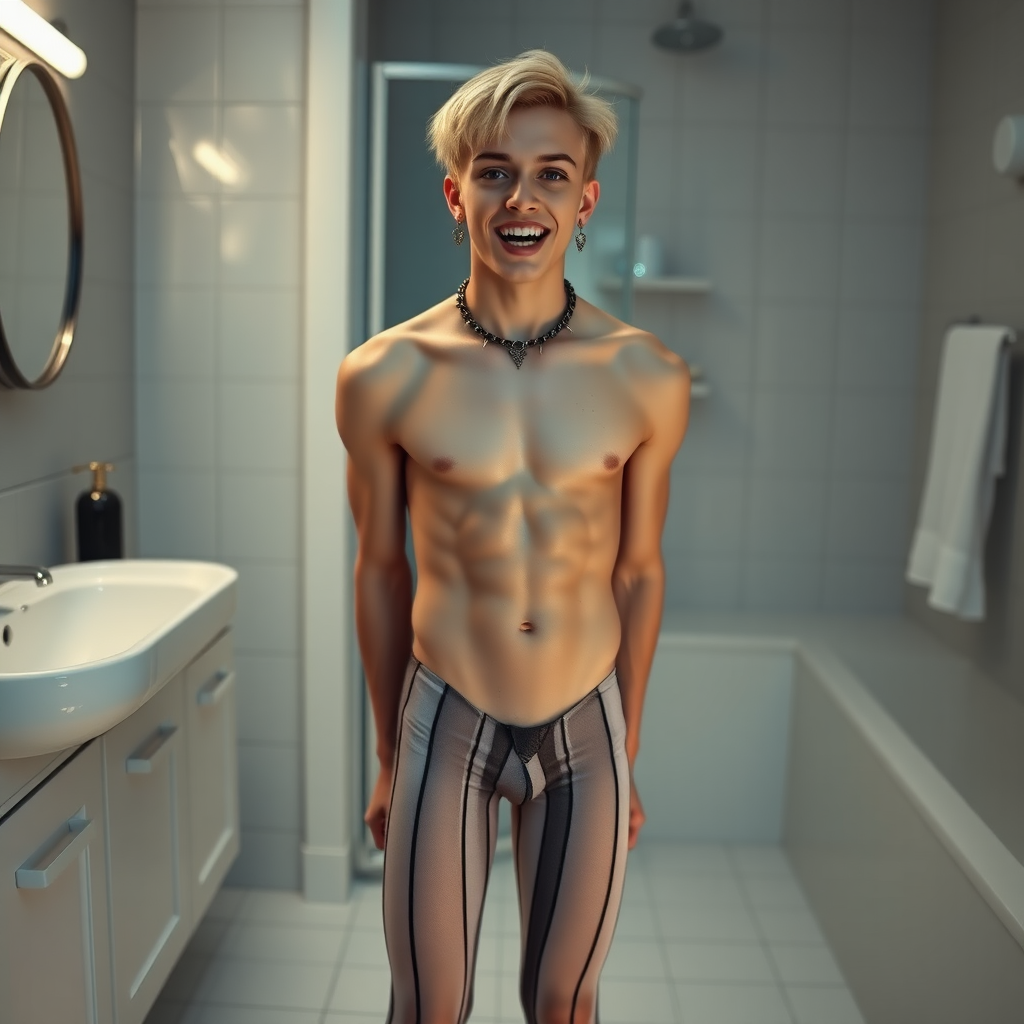 photorealistic, ultra high resolution, 16K, surreal fantasy, soft studio lighting, Caleb Swift is a pretty 16 year old goth male, slim male physique, blonde hair, blue eyes, goth makeup, earrings, white & black vertically striped pantyhose, spikey neck collar with chain, standing on the floor of the bathroom, excited mouth, bulging crotch, full body front view of Caleb facing the camera.