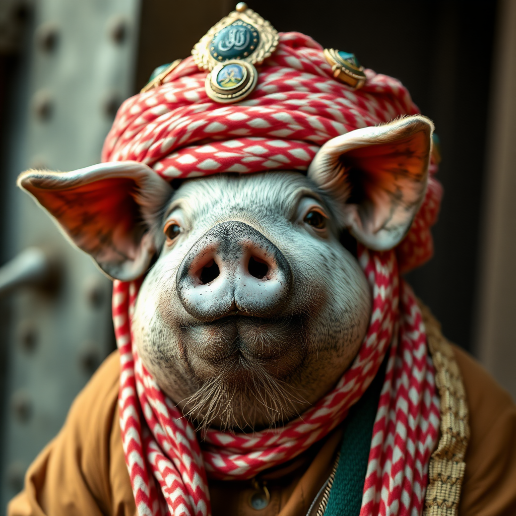 Fat dirty pig in ayatollah's headdress.