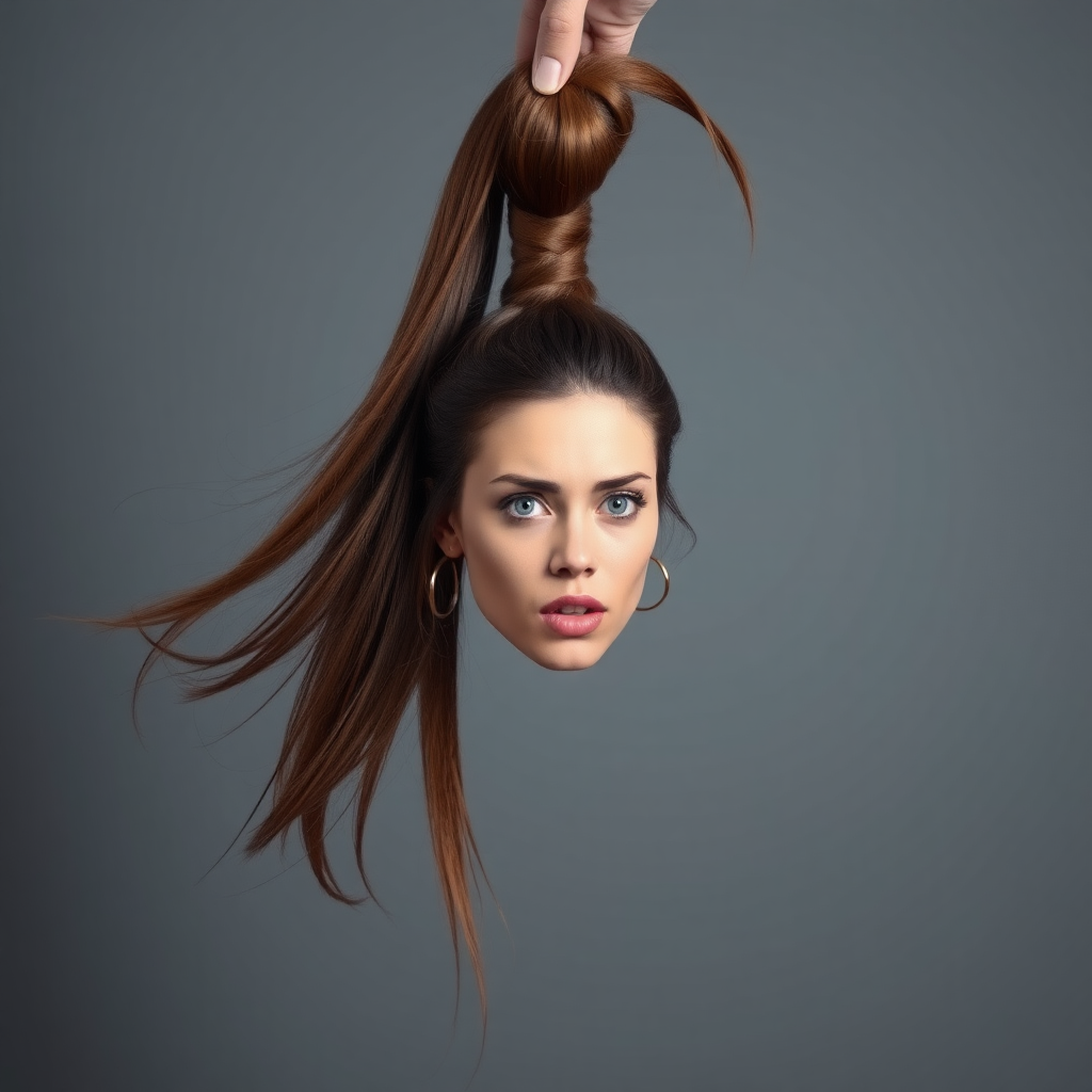 Surreal image of a very long haired woman's beautiful disembodied head hanging by her very long hair. Her very long hair is gathered at the top of her head into a long ponytail that stretches upward into a grasped hand. Plain gray background. She has an aroused expression on her face.