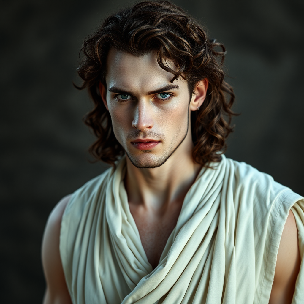 In the world of Vampire the Dark Ages, a man with very pale skin, extremely handsome, dressed in a long white tunic. He must resemble an ancient Greek, his hair is brown and curly, high definition, photorealistic, 16K.