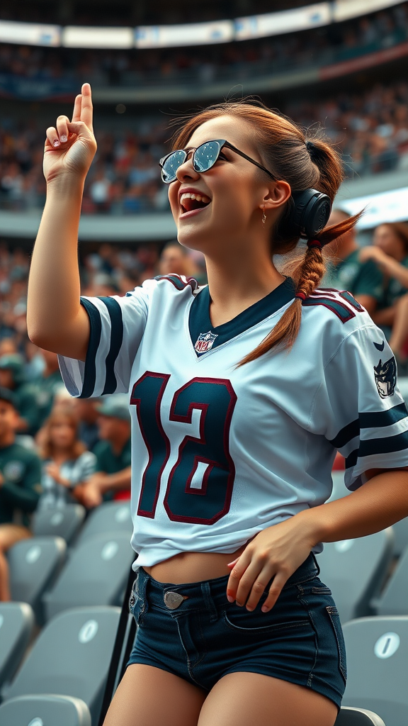 Attractive female NFL fan, pigtail hair, jersey, large titties, reacting to a victory, inside crowded stadium bleachers