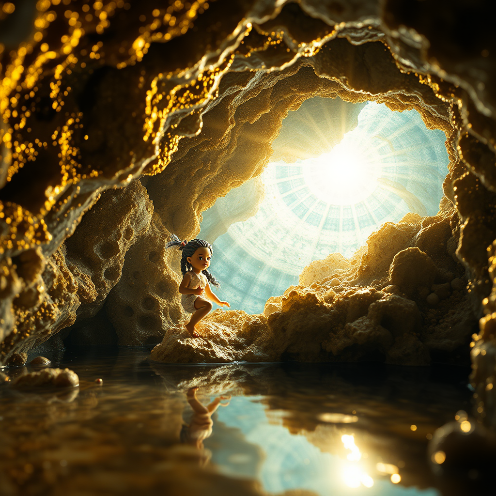 a artists doll in a flooded cave, bjd, high quality photo, intricate environment, ultra-detailed, impressionistic, dynamic composition, artistic photograph, geode, alabaster, gold, fractal, intense colors, glittering, sunlight, illumination, transparency, mandelbulb