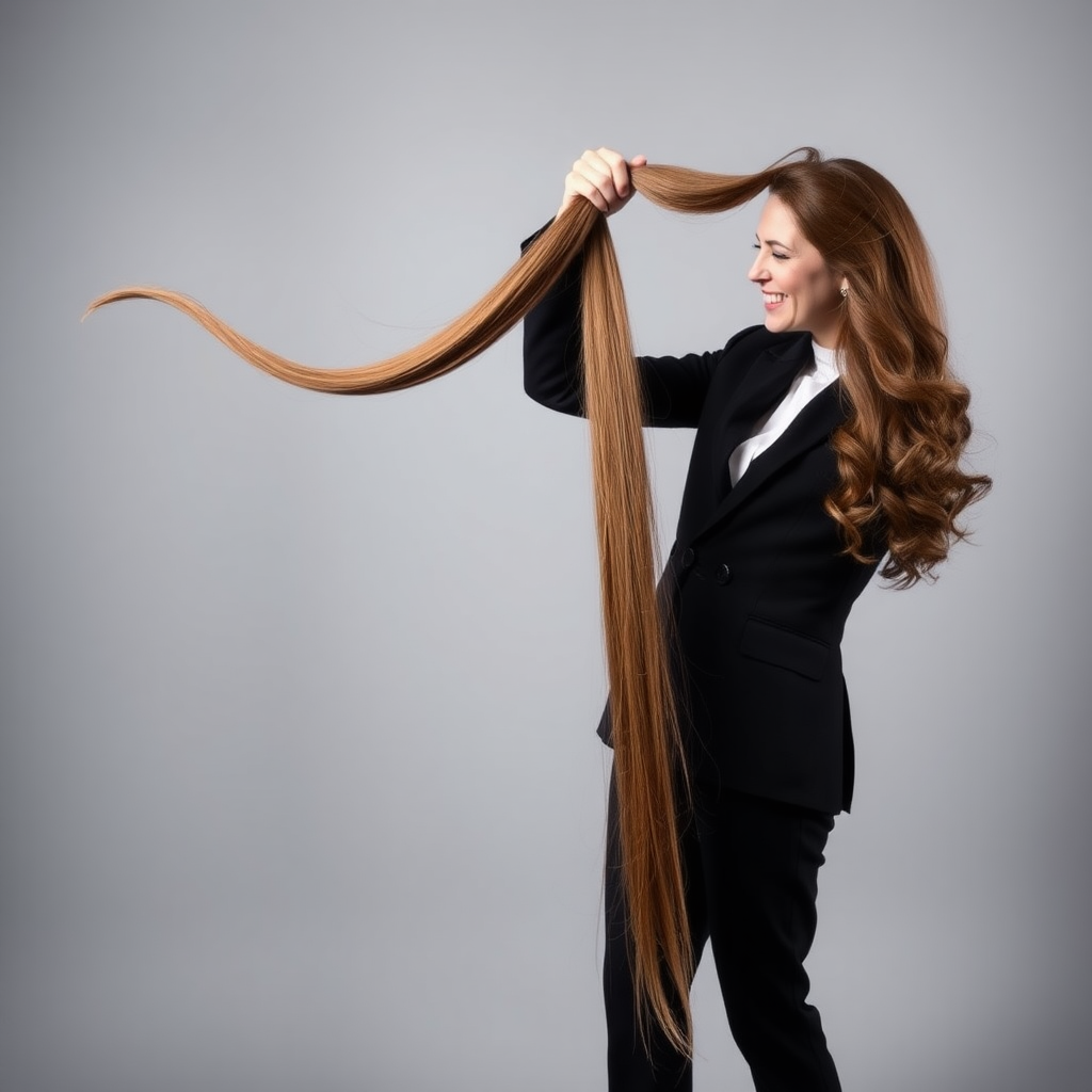 A surreal image of a smiling male magician standing to the side while holding up the disembodied head of a very long-haired Kate Middleton. He is grabbing her very long hair and pulling it up high in the air, while her head is hanging by her hair from his grasp to display it to the camera. Plain gray background.