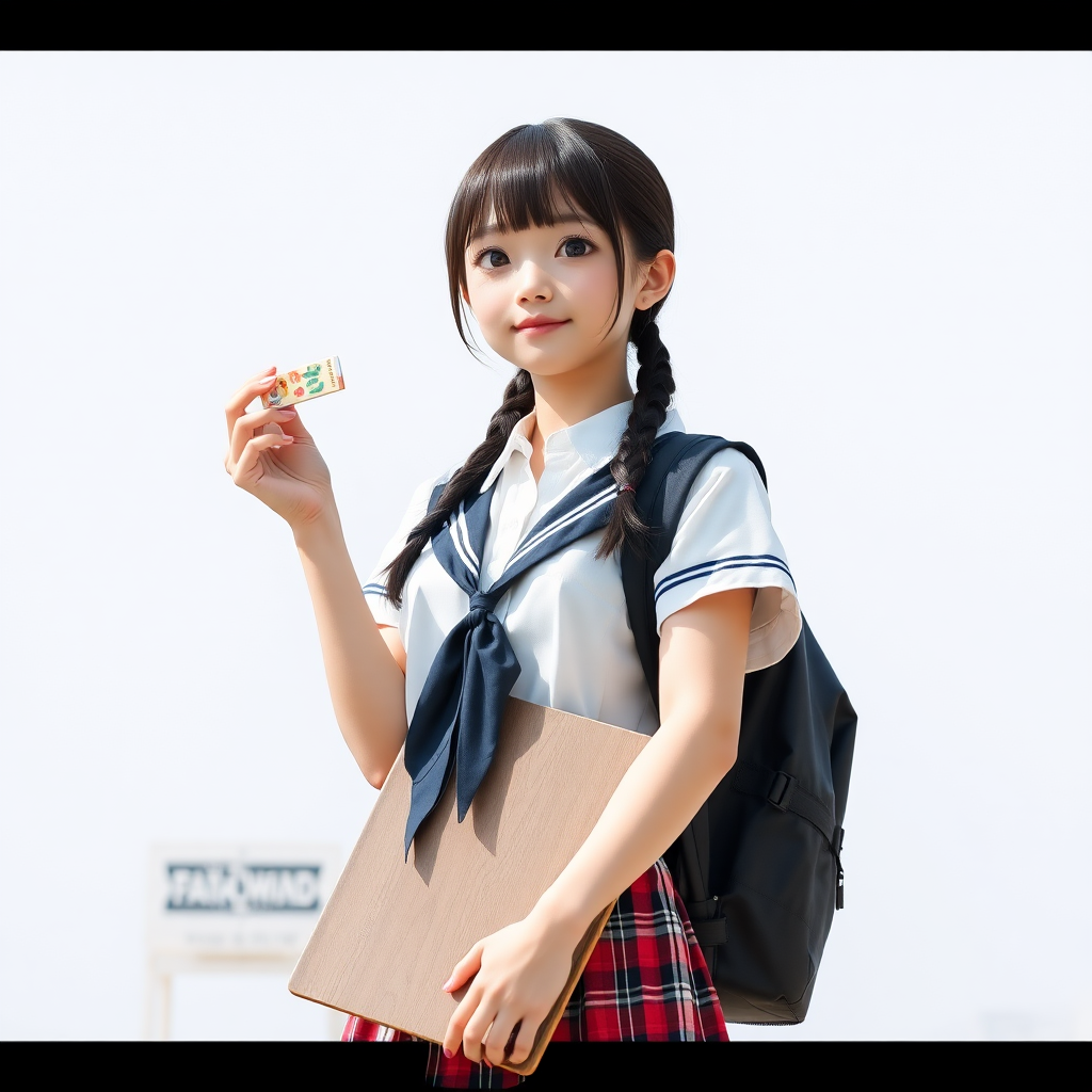 photo full body teenage giantess Japanese schoolgirl wearing a board holds something