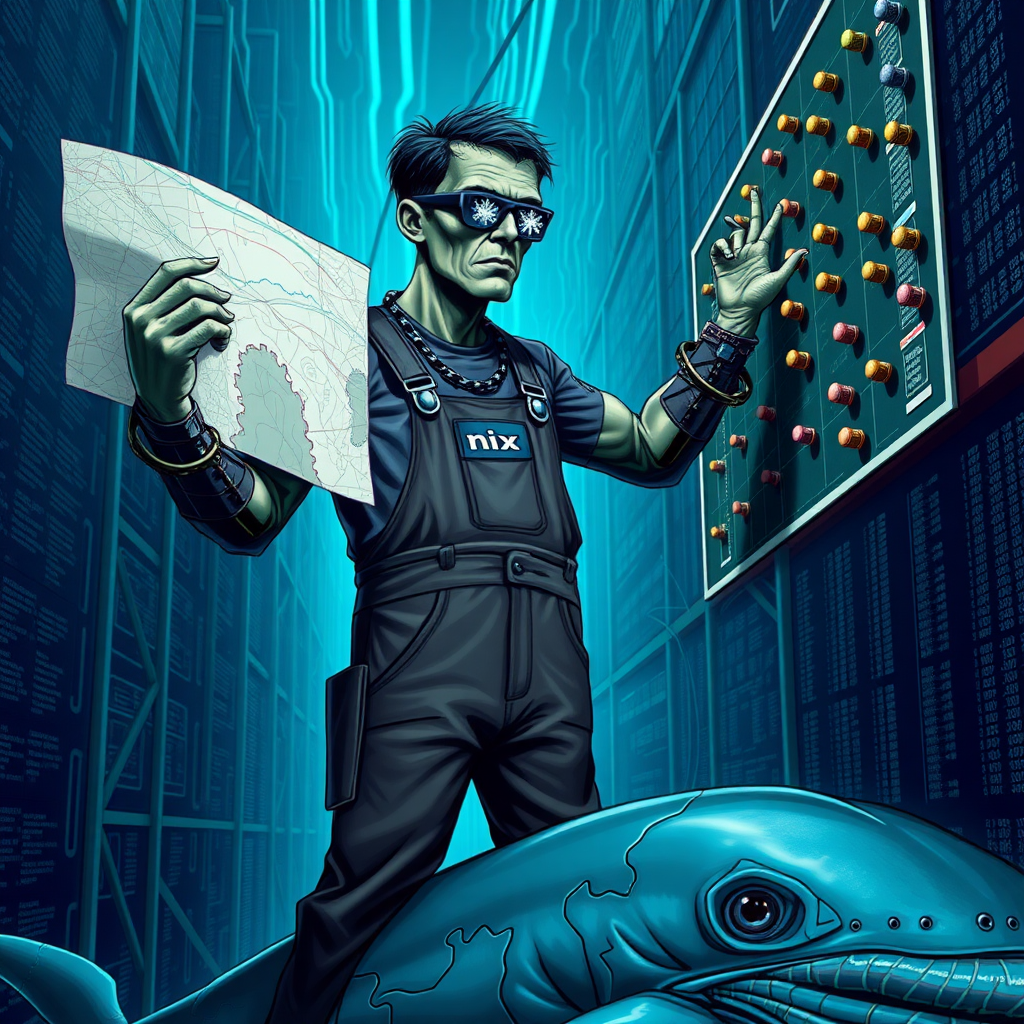 a cyberpunk frankenstein holding a big map in one hand and reaching for marker pins on a high board in a data warehouse, his arms are pythons. In the background are streams of data. His Overall reads "nix". He wears glasses in the shape of snowflakes. he stands on a puzzled blue whale with intestines coming out.