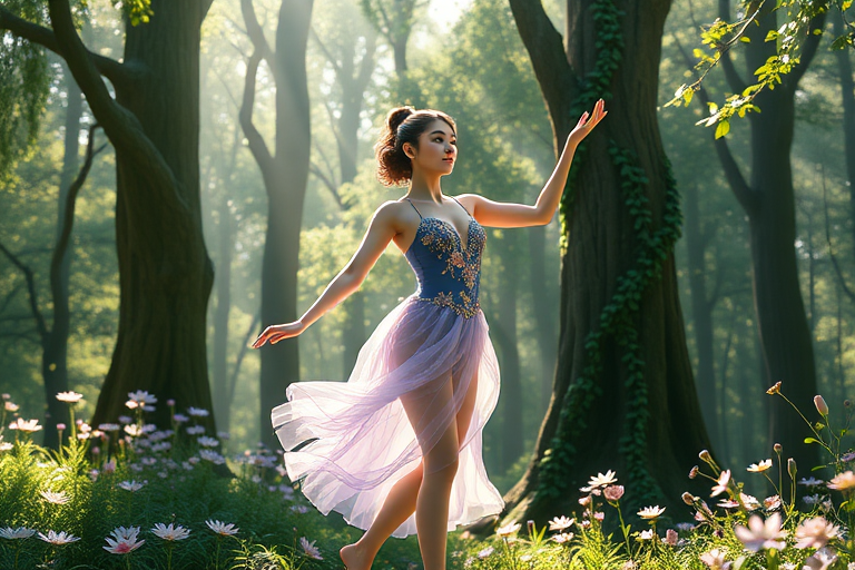 In a spellbinding forest bathed in soft, dappled sunlight, Alice Liddell emerges as a graceful young woman in her 20s, radiating confidence and poise. Her flowing gymnast leotard, adorned with delicate floral embellishments in vibrant hues of lavender, emerald, and blush, beautifully mirrors the surrounding flora, where wildflowers bloom in a riot of colors. The harmonious blend of her attire and the nature around her creates a captivating visual symphony that enchants the viewer.

Tall, ancient trees, their gnarled trunks draped in emerald-green vines, stand sentinel around her, their leaves whispering like a gentle breeze as sunlight filters through the branches, casting playful shadows on the forest floor. The air is filled with the sweet perfume of blooming jasmine and the earthy aroma of damp soil, creating an intoxicating atmosphere.

As Alice prepares to perform, her movements are fluid and graceful, almost like a dance with the very essence of nature herself. The surrounding fauna, curious woodland creatures such as rabbits and birds, pause in their activities, captivated by her presence, as if recognizing the magic she brings to their world.

The Artstation community will undoubtedly be mesmerized by the ethereal beauty of this 3D anime masterpiece, which captures not just Alice's elegance but also the enchanting spirit of the forest. Every intricate detail, from the shimmering leaves to the delicate patterns on her leotard, beckons the viewer closer, inviting them to delve into this breathtaking scene and experience a mesmerizing world infused with wonder and imagination.