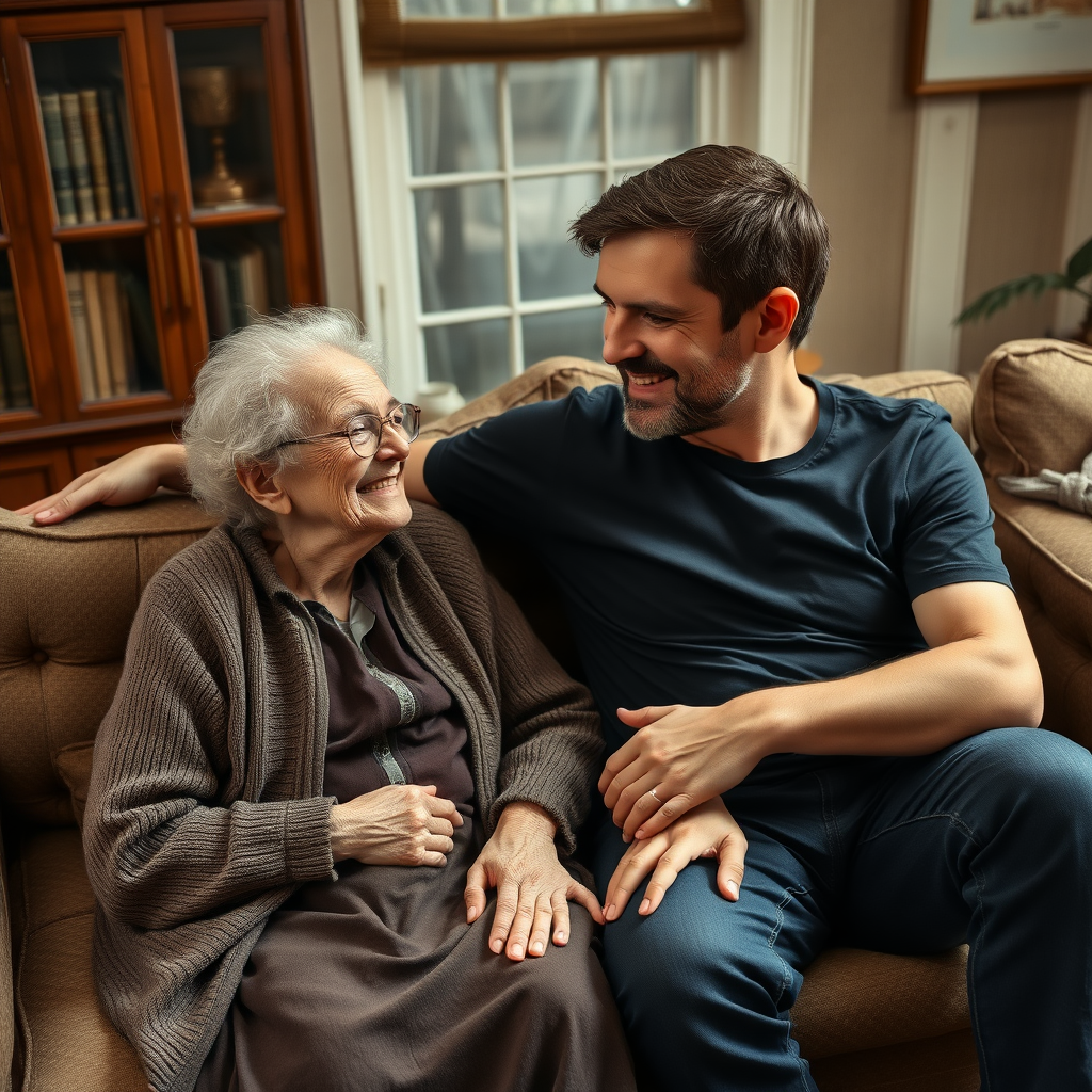 In a scene viewed from an angle and slightly above: In an old-fashioned English living room, a very frail, small and thin, very old and elderly English lady with a kind smile, short, thinning white curly hair, wrinkled face, neck and skin, wearing thin framed glasses, an old cardigan, blouse and long skirt is sitting on a sofa with an English man about 40 years old, grey stubble on his chin, brown hair, sitting close next to her on the same sofa, wearing a black T-shirt and dark blue jeans. The man and woman are smiling at each other. The woman is looking at the man's eyes and smiling. The man is looking at the woman's eyes and smiling.