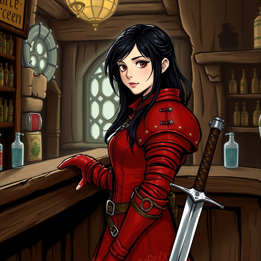 A girl with black hair in red leather armor and wearing a sword in a scabbard on her side standing at the bar in a medieval tavern