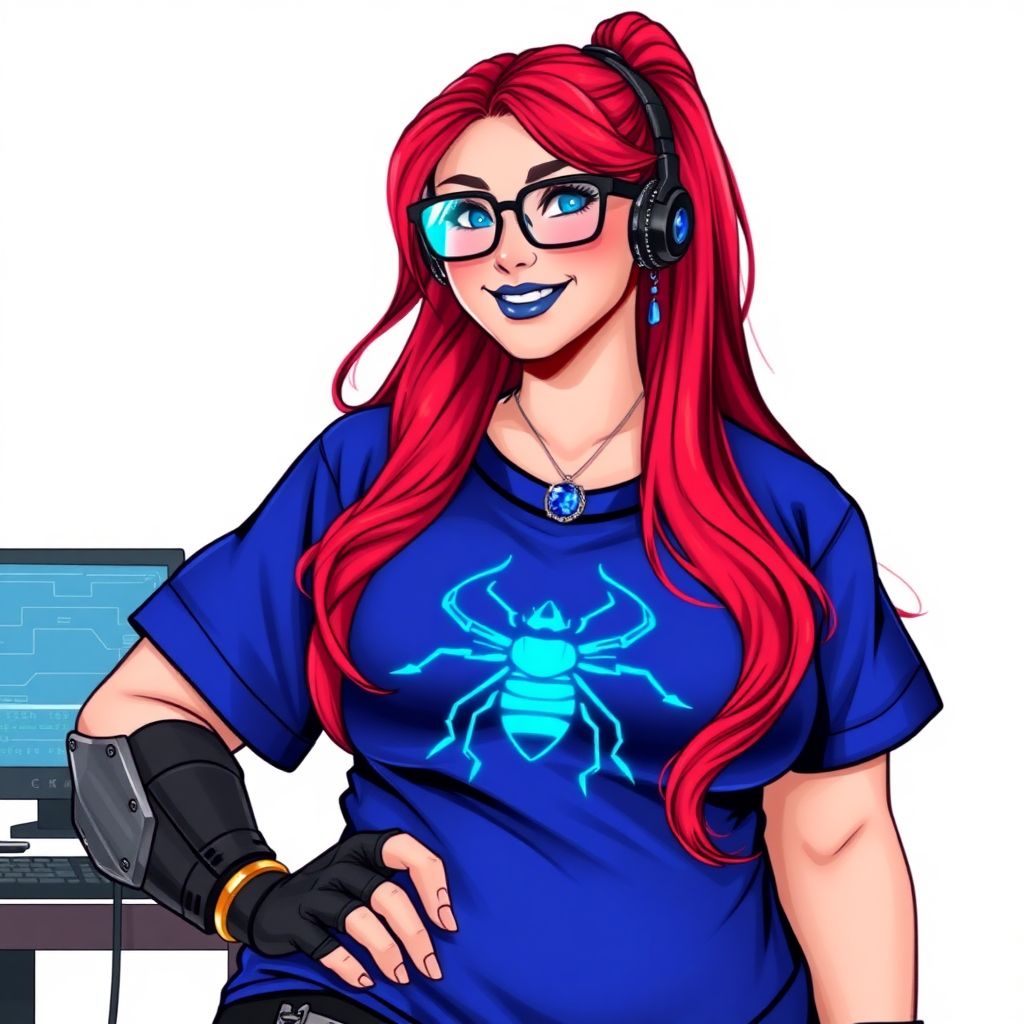 A cyberpunk vigilante’s full-figured intelligent and tech-savvy 29-year-old girlfriend, who is a computer hacker and tech genius. She has a long ruby red ponytail and bright blue eyes. She wears maximum blue lipstick, a sapphire beetle gemstone necklace, sapphire earrings, black eyeglasses, hi-tech metal arm armor, and an oversized maximum blue t-shirt featuring a neon blue glowing icon of a scarab beetle on its chest. She has a full-figured physique with a giant, round midsection, reflecting her well-cared-for lifestyle. She sports a sapphire headset with a hi-tech maximum turquoise lensed HUD, and a beaming smile with a passionate bright red blush. She serves as his tech expert from his hideout, diligently working at her lab table and computer desk. The background is solid white. She is drawn as if she was in a retro 2D cyberpunk fighting game.