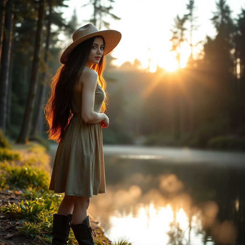 a young woman posing next to a lake in a forrest. long brunette hair. she is wearing a dress, boots and a wide straw hat. looking to the side. the sinking sun is falling through the trees. a little fog is rising from the lake. light like in fairy tale, a bit mystic. photo