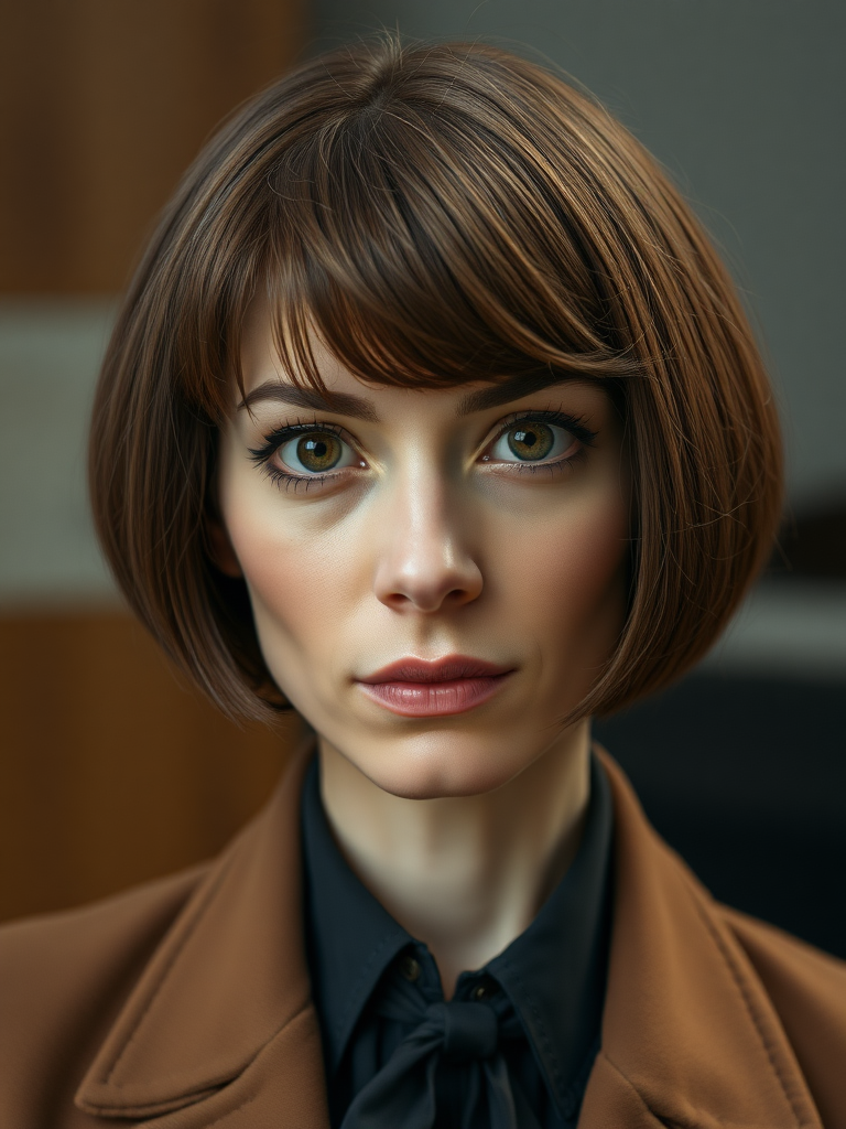 mature secretary, short brown bobcut, swept bang, brown piercing eyes, thick dark eyebrows, big nose, big mouth, big yellowish teeth, moles, skin imperfections, youthful, severe expression