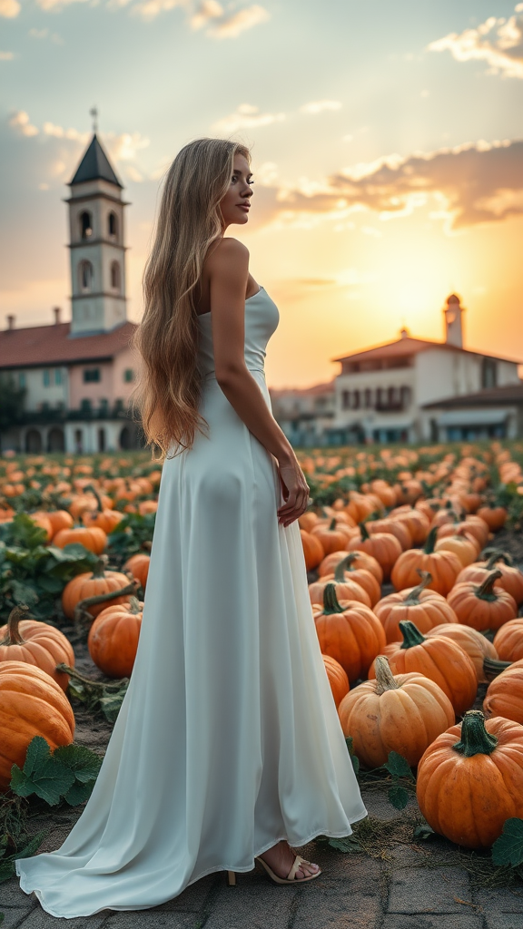 On the left, a beautiful model wearing a long white dress, long layered blonde hair, with 12 cm high heels, in the background a field of large orange pumpkins, behind it a Venetian-style village with a church and bell tower, a sunset sky with the sun and clouds, in high definition.