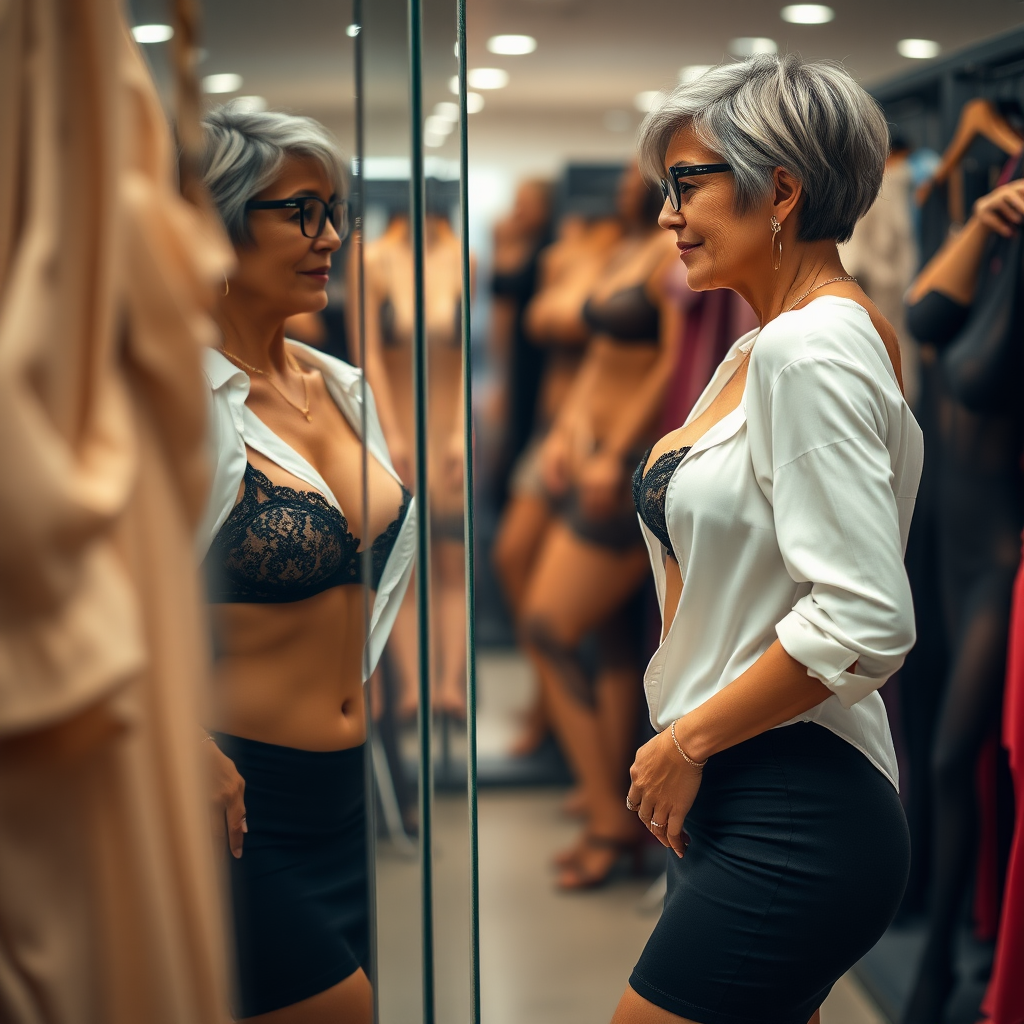 In a store, a gorgeous 45 years old, European, Latina, sharp aquiline nose, wrinkles, high cheekbones, Middle Eastern, skinny, tanned skin, dark light skin, rounded breasts, medium breasts, skinny thighs, big ass, rounded ass, full makeup, jewelry, serious face, sharp nose, shocked, smile, blushing, open mouth, blushing, horny, ash hair, short bowl haircut, brown eye color, glasses, with detailed features. She is looking with envy and shame at the sexy lingerie she is wearing a white open shirt and a pencil black skirt, in the mirror, her reflection is wearing lingerie. full body.