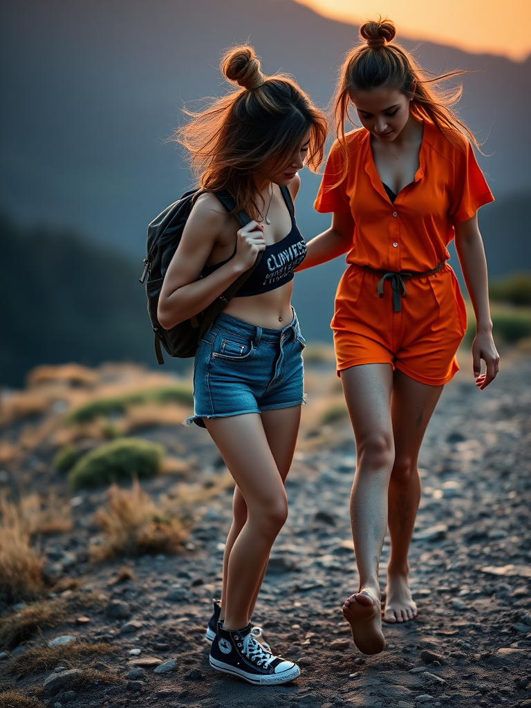 A top model, brunette, long layered haircut with a messy hair bun, wearing a tiny denim short, a super sexy top, Black converse all star shoes, with a hiking backpack on her shoulder, she is helping another girl to walk back to her camp. The second girl is wearing a sexy orange inmate outfit, she is dirty, covered with mud, barefoot. They are walking in the mountain, at sunset.