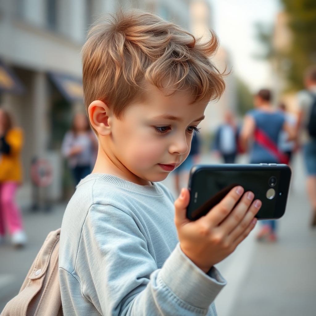 full real image of a kid using a phone turning right