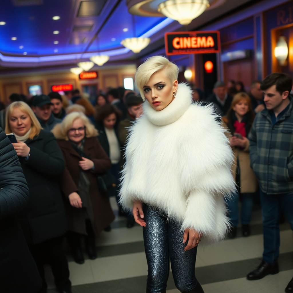 1990 winter evening, crowded cinema lobby: Sam, 19 years old beautiful involuntary femboy, rebellious intractable character, petite boyish figure, platinum blond boyish rebel punk hairstyle, flawless heavily made-up face with sharp arched tattooed eyebrows, wearing Supertanya-style fluffy very fuzzy bright white angora thigh-length turtleneck-poncho fully covering body and arms, silver-glitter leggings, black leather high-heeled pumps, silver earrings, puzzled alarmed, pout serious, impatiently waiting for her master. Other visitors watching laughing taking pictures. Full view of scene.