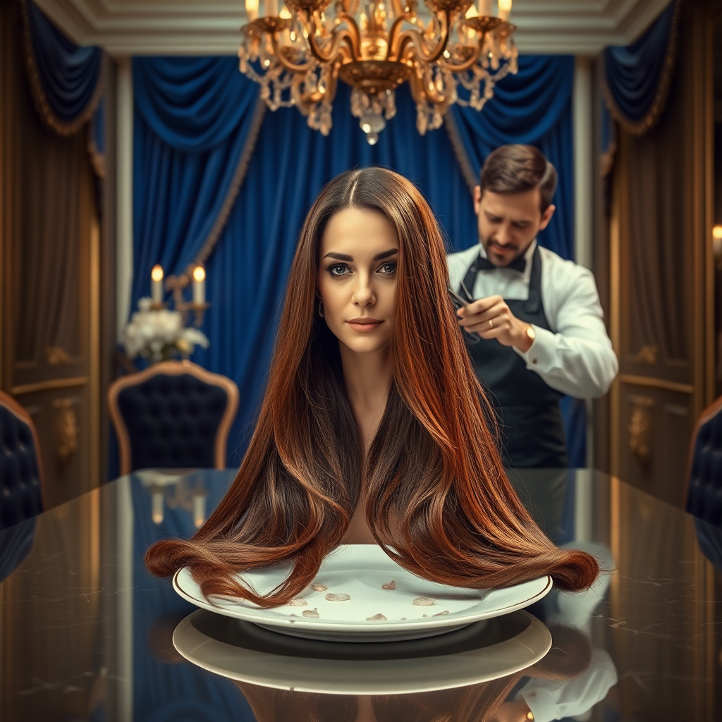 In a bizarre, surreal tableau, the polished surface of an elegant dining plate cradles the disembodied head of a strikingly beautiful Kate Middleton, her long, flowing hair cascading like a glossy waterfall of deep chestnut and honey highlights. The hair is luxuriously arranged, strands shimmering under the soft, ambient light that bathes the scene in an ethereal glow. Surrounding her head is an opulent, lavishly decorated dining room, rich with plush, velvet drapes in royal blue and golden accents that invoke a sense of grandeur.

A skilled hairdresser, clad in a sleek black apron, stands poised with a pair of gleaming scissors, carefully trimming the endlessly luxurious locks that frame Kate's serene, almost ethereal features. The air is thick with the scent of salon products mingling with delicate hints of floral fragrances, creating an unusual yet strangely inviting atmosphere. The hairdresser's focused expression reveals a meticulous dedication as snippets of hair fall gracefully onto the pristine plate, echoing a sense of both artistry and absurdity.

In the background, an ornate chandelier glimmers overhead, casting intricate shadow patterns on the richly textured walls, enhancing the surreal elegance of the scene. The overall emotional tone conveys a dreamlike quality, inviting viewers to ponder the juxtaposition of beauty, identity, and the bizarre circumstances that bind them in this extraordinary moment.