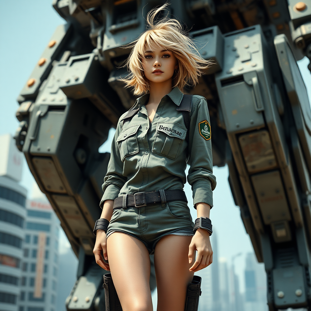 A full body shot of a pretty twenty-something female with a face resembling (ana de armas). strawberry blonde messy shoulder length hair tussled by wind. military outfit, "Benaenae" badge on the breast pocket, long legs, futuristic neo-tokyo, standing on the foot of a battletech giant mech twice the height of buildings, Hyper-realistic, Photorealistic digital matte painting, soft focus, film grain, lens flare. gritty, dirty, scuffed.