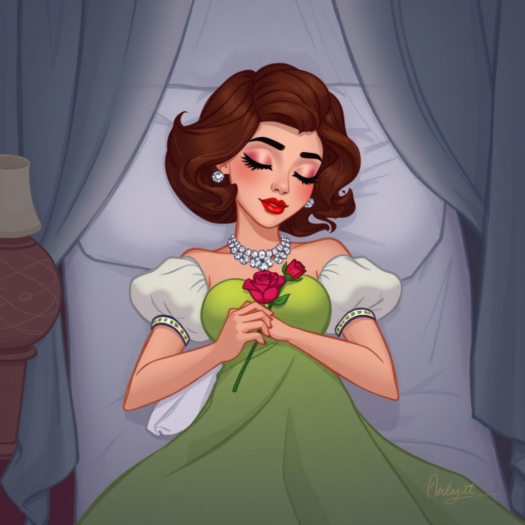 Disney sketch of an alluring, feminine 19-year-old Pakistani prince with short wavy brown hair in a bob with ringlets, rose lipstick, rose blush, long eyelashes, narrow face, wearing a lime green off-shoulder puff sleeve dress with a flowing skirt and white sleeves and a diamond festoon necklace. Sleeping in a funeral bier, eyes closed, holding a rose, the bedroom is covered by a large curtain in a palace room as the beauty rests forever in a deep death-like sleep.