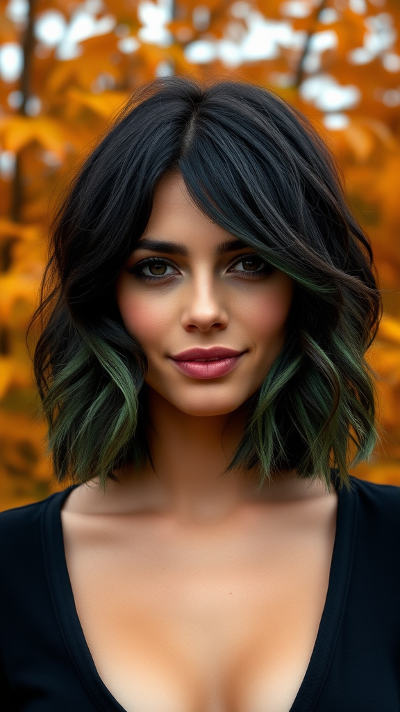 Sara Sampaio with short wavy layered hair, black color with green highlights, against the background of autumn chestnut foliage, in high definition.