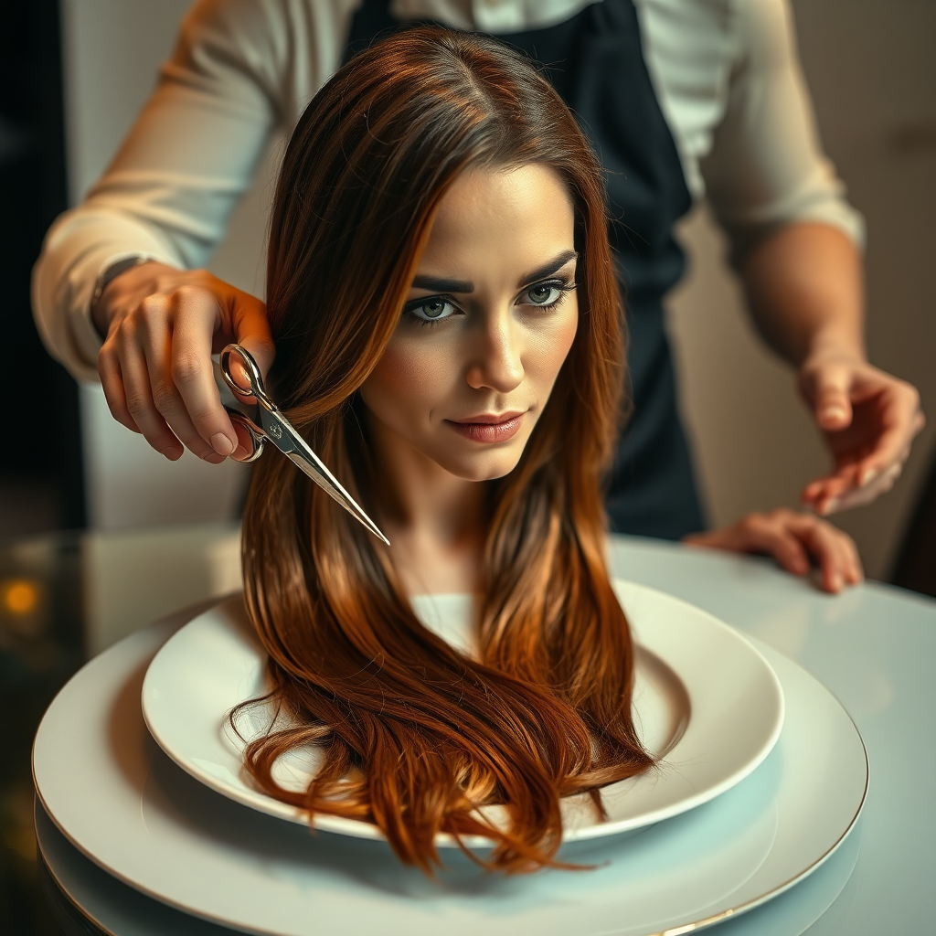 In a bizarre, surreal tableau, the polished surface of an elegant dining plate cradles the disembodied head of a strikingly beautiful Kate Middleton, her long, flowing hair cascading like a glossy waterfall of deep chestnut and honey highlights. The hair is luxuriously arranged, strands shimmering under the soft, ambient light that bathes the scene in an ethereal glow.

A skilled hairdresser, clad in a sleek black apron, stands poised with a pair of gleaming scissors, carefully trimming the endlessly luxurious locks that frame Kate's serene, almost ethereal features. The air is thick with the scent of salon products mingling with delicate hints of floral fragrances, creating an unusual yet strangely inviting atmosphere. The hairdresser's focused expression reveals a meticulous dedication as snippets of hair fall gracefully onto the pristine plate, echoing a sense of both artistry and absurdity.

The overall emotional tone conveys a dreamlike quality, inviting viewers to ponder the juxtaposition of beauty, identity, and the bizarre circumstances that bind them in this extraordinary moment.