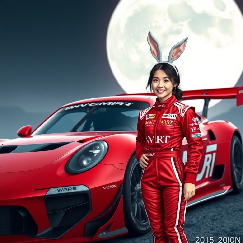 Vision: A red racing car, with only "WRT" written on its body; a beautiful Chinese female racer with rabbit ears on her head, standing next to the car and smiling, her red racing suit also marked with "WRT"; the background features an enormous moon.