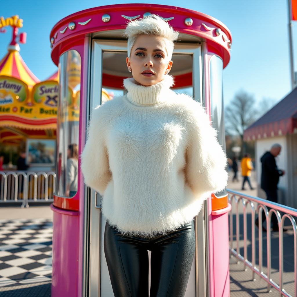 Amusement park “kissing booth”, sunny spring Sunday morning. Sam, 19 years old beautiful involuntary femboy, rebellious intractable character, petite boyish figure, platinum blond boyish rebel punk hairstyle, flawless heavily made-up face with sharp arched tattooed eyebrows, wearing Supertanya-style fluffy very fuzzy bright white angora thigh-length turtleneck-poncho fully covering body and arms, silver-glitter leggings, black leather high-heeled pumps, silver earrings, both hands tied to pole behind back, standing inside kissing booth, waiting for next customer to kiss. Focus on Sam’s face and turtleneck-poncho.