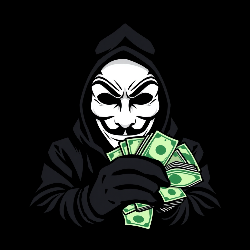 A logo art of an anonymous hacker holding lots of money. Black and white and dark green for the cash.