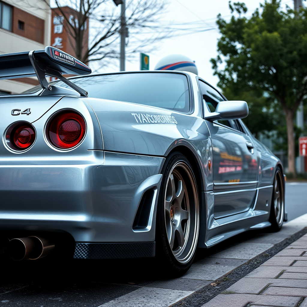 the car is parked on the side of the road, inspired by Taiyō Matsumoto, tumblr, restomod, nd4, c4 metallic shine nissan skyline r34 kalabalik tokyo gece arkaplan