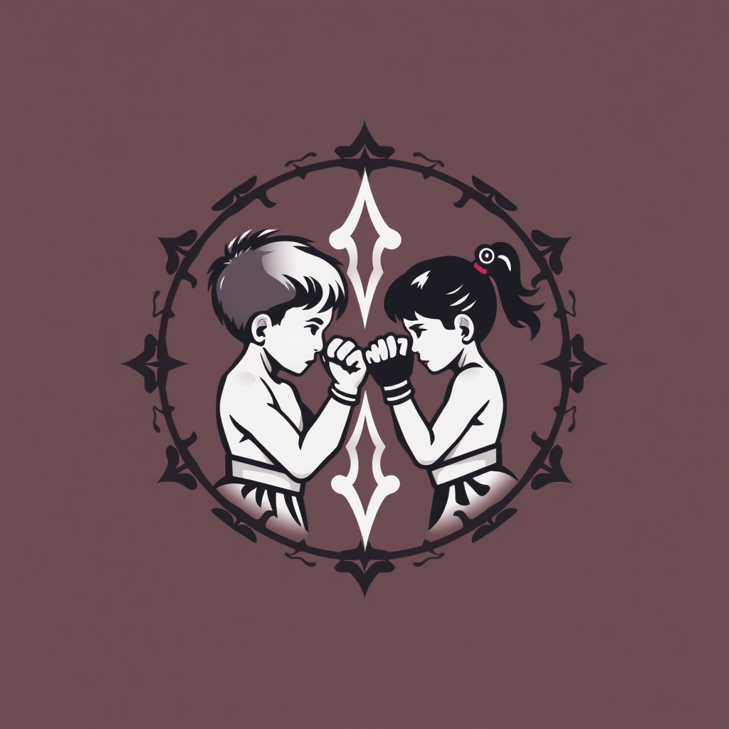 Create a minimalist, monochromatic circular logo design of two young muay thai fighters aged about 11, one boy and one girl, in the style of Sak Yant tattoo art.