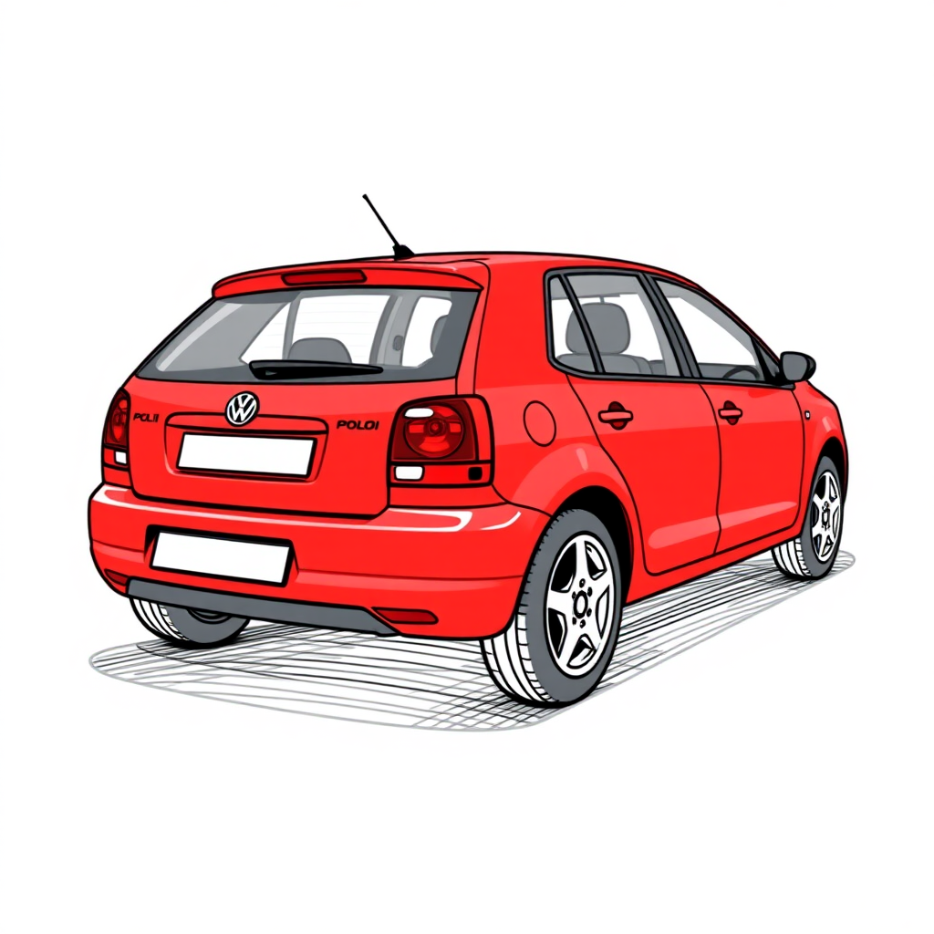 red vw polo II car, long establishing shot, 2D, caricature, cartoon, Sketch lines, coloring book, coloring book style on white background, well composed, clean coloring book page, No dither, no gradient, strong outline, No fill, No solids, vector illustration, realistic proportions, blueprint, left side view