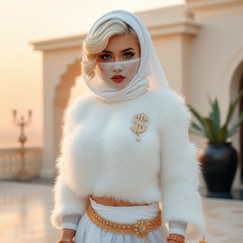 Kuwait desert palace harem patio misty dawn: Melissa, European 17 years old very convincing femboy “trophy-bimbo”, tamed servile docile, very beautiful feminine flawless face, rather short, by hormones very curvaceous womanly figured, platinum blond short tight curls, heavily made-up eyes, wearing Supertanya-style fluffy very fuzzy bright white angora turtleneck-poncho cropped ending under bust decorated with pearls and gemstones, striking oriental wide gold bridal protection belt, white fully transparent harem pants, full Oriental bridal jewelry, face covered by white sheer full Burka, coin anklets, striking diamond “$$$” letter brooch on left chest, pout frustrated, seductively dancing for the sheik, looking at camera. Focus on face and turtleneck-poncho.