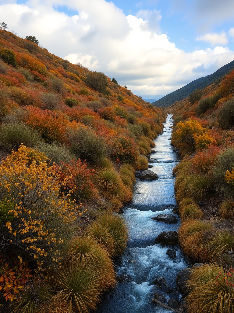 Autumn in the Mediterranean vegetation with a long stream, sky with clouds.