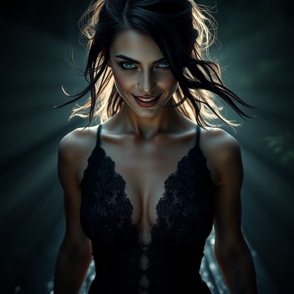 Beautiful Hell image

Enigmatically alluring inviting and scary looking smile. Running through secretive place, a small pond with God rays of light shining on her face in a glade in a tall magical forest where she lives, ready for an unencumbered swim.

The image presents Beautiful Hell standing with a powerful and commanding presence. She is a hyper photo realistic woman, visibly sweating, exuding menace, sensuality and beauty. The background is dark and mysterious, enhancing her enigmatic presence and adding depth to the image.

Hair: Her dark raven-black hair cascades down in soft, wavy strands often caught in a breeze, contrasting sharply against her pale, flawless unblemished skin.

Face and Eyes: A strikingly beautiful face with fine unbroken porcelain white skin and smooth and defined features. Her mouth slightly open with an enigmatic smile, her eyes a piercing blue intensely detailed and bright, are intense and captivating, capable of drawing in and intimidating anyone who meets her gaze. Her eyes with a need of ownership of the viewer are framed by long, dark lashes, adding to their dramatic effect. Her expression is both alluring and menacing, reflecting her dual nature.

Emotional and Visual Impact: The image evokes a sense of awe and admiration for Beautiful Hell’s beauty, body, and intricacy. The combination of sheer fabric, deep plunge line, and delicate lace creates a balance between elegance and allure, making her both captivating and alluring and intimidating. The visual intensity of the image is heightened by the dark, mysterious background, which adds to her enigmatic presence. The overall emotional response is a mix of admiration for her beauty and a subtle sense of fear or respect for her bold and daring and attention demanding design and physical attraction to her. Her demeanor and physical exposure are outrageously bold, giving her an openly gleeful and ecstatic smile reflected in her brilliant blue eyes, and inviting anyone to oppose her.

Dress Design and Features: Plunge Line: The dress features a deep and wide plunge line that extends to just below her belly button, revealing the smooth skin of her torso and her belly button emphasizing the dress's allure and Beautiful Hell's alluring natural sexuality.

The dark, remarkably fine fabric of the dress clings closely to her figure, accentuating her curves and emphasizing her feminine form.