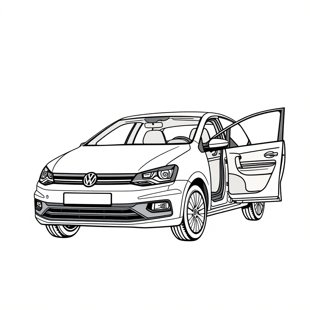 a white VW Polo V, driver door open long establishing shot, 2D, caricature, cartoon, Sketch lines, coloring book, coloring book style on white background, well composed, clean coloring book page, No dither, no gradient, strong outline, No fill, No solids, vector illustration, side view, vector illustration, movement lines