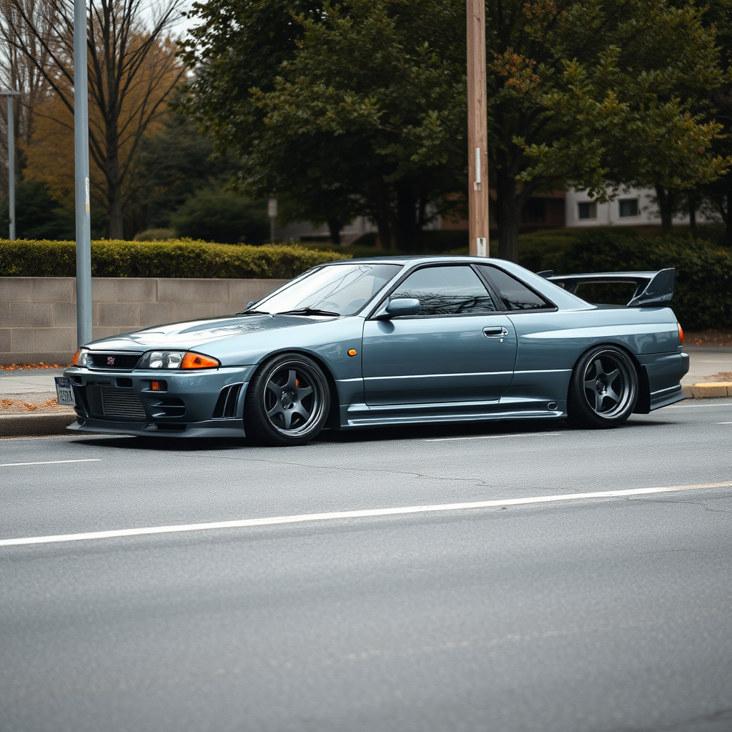 the car is parked on the side of the road, inspired by Taiyō Matsumoto, tumblr, restomod, nd4, c4 metallic shine nissan skyline r34