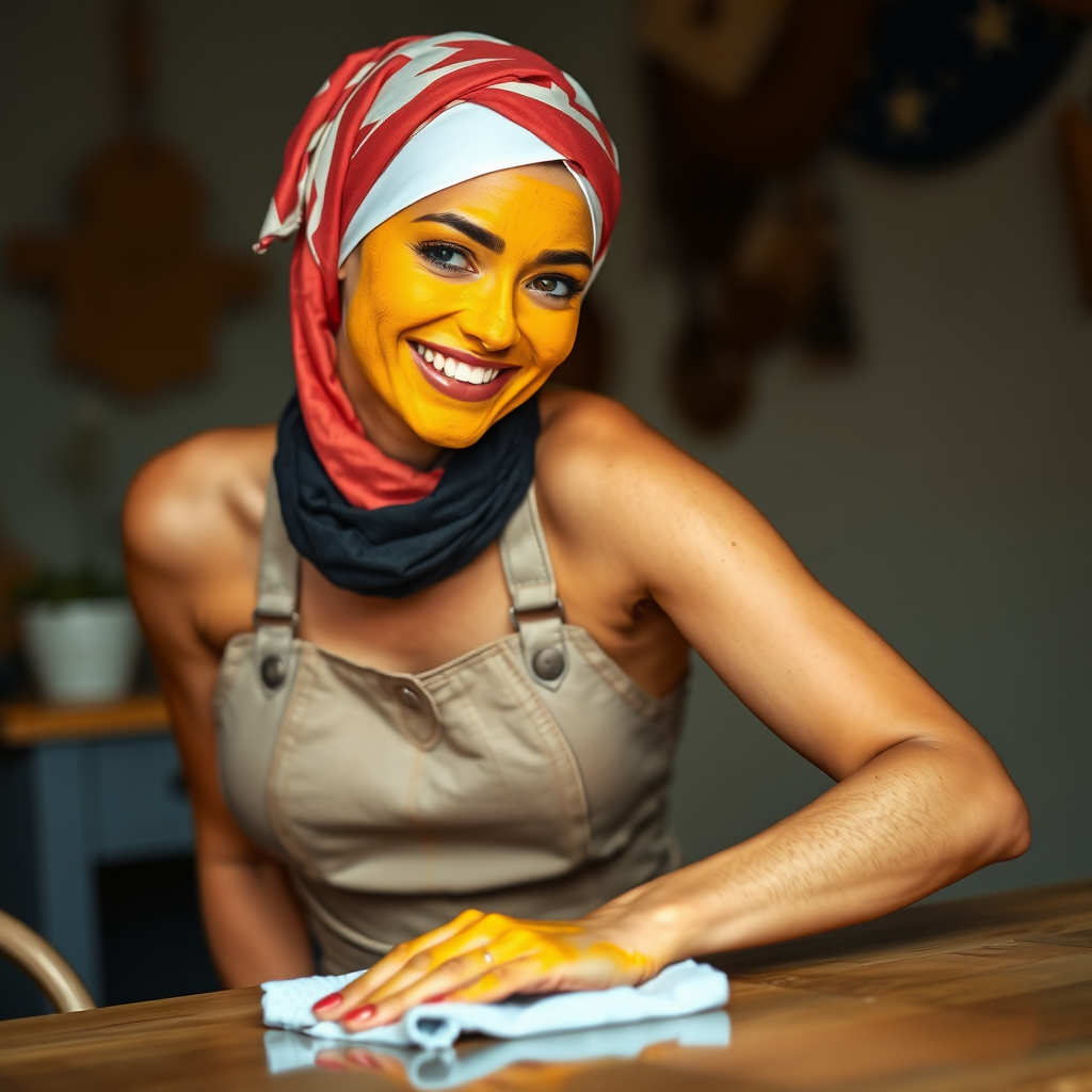 slim, 30 year old, sexy, french maid, short scarf head, turmeric face pack. She is smiling and cleaning a table with a cloth