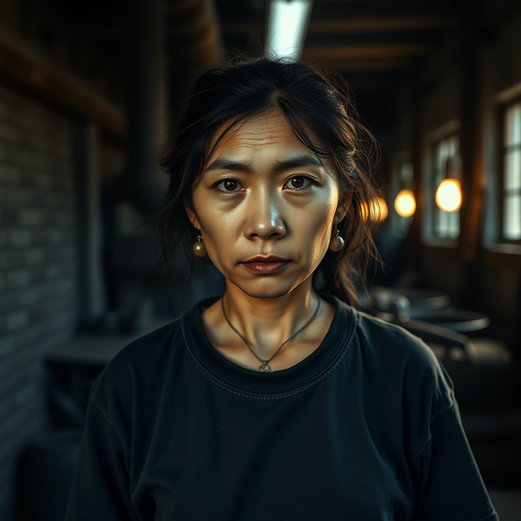 A very sad and hungry young Mongol wife with a very old T-shirt in a very dark old and mystery factory