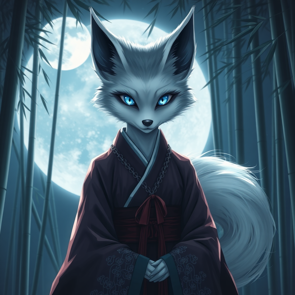 a eerie-looking nine-tail-silverfox with blue eyes in a female Korean hanbok, in front of the full moon in a bamboo forest