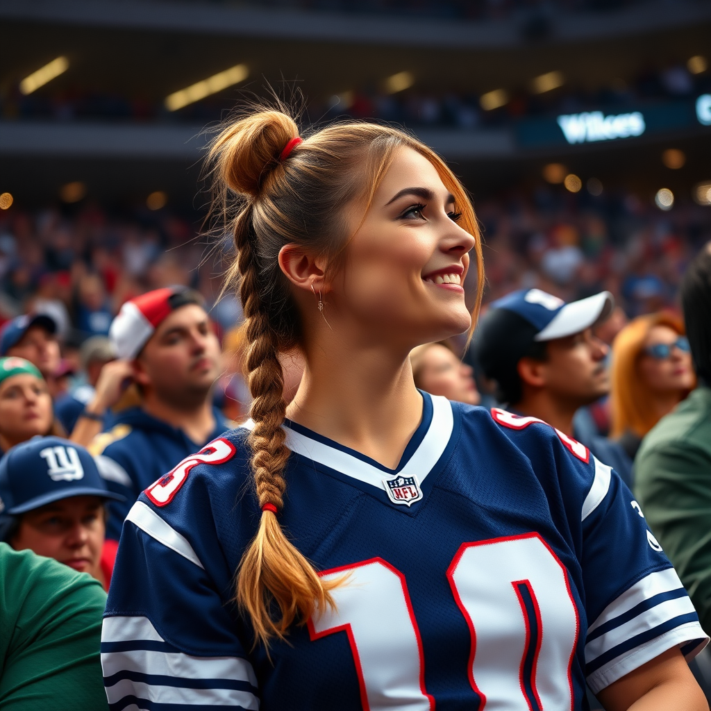 Female NFL fan, hot, pigtail hair, jersey, cheering inside front row crowd, TV camera angle shot