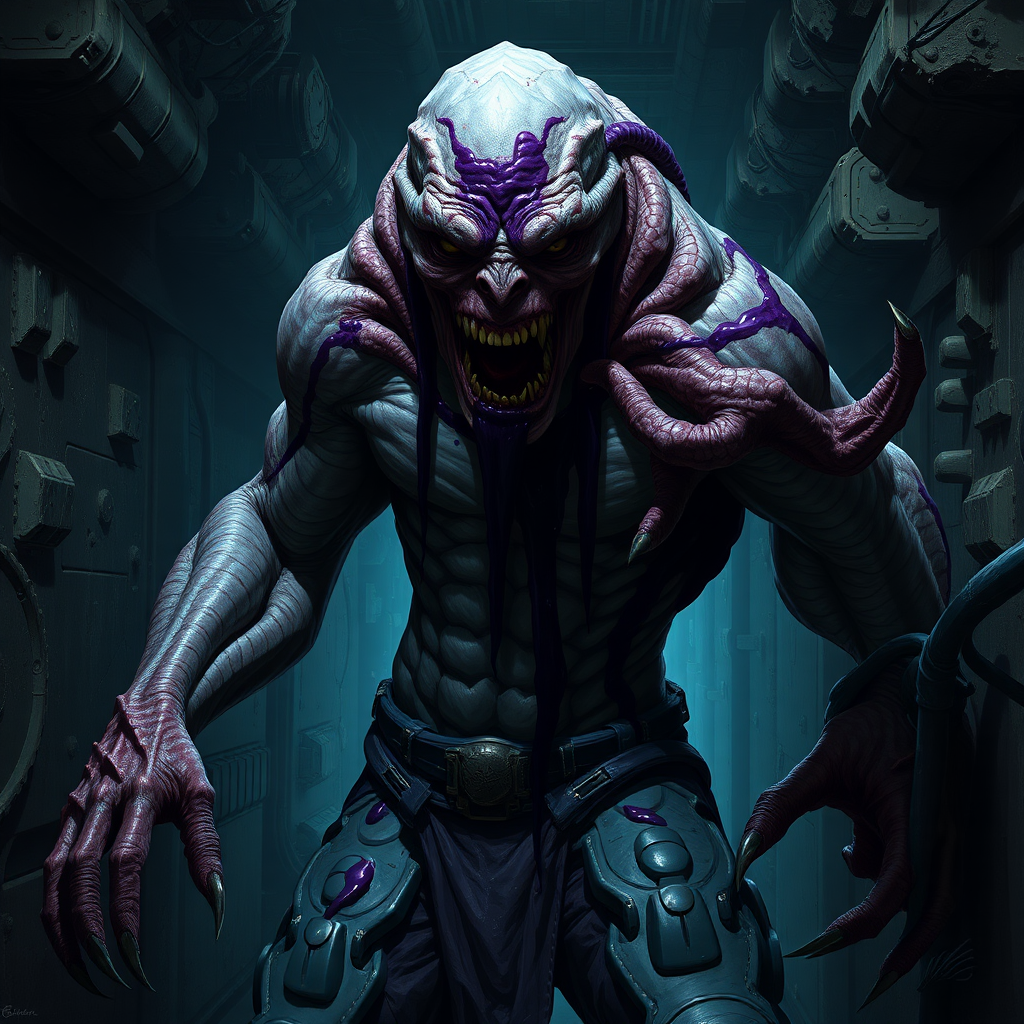 Sci-fi digital horror painting. Heavily mutated crew member, skin covered with sturdy scales, his body and limbs elongated and twisted while muscles ever tensing. Aggressive violent snarl on face. One hand has long sharp claws while the other looks relatively normal. Dark purple goo oozing all over him. Dark rocky industrial corridor.