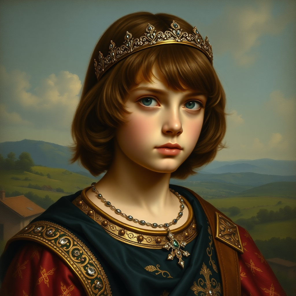 16yo teen boy prince, long bob cut, embroidered with gold and diamonds medieval cloths, diamond diadem, and Beautiful War. Free style by Adolphe William Bouguereau, Academic realism. The background is in the style of landscape style by Antonio del Polaiolo, Generating the signature at the bottom: Viva FLUX & Bach, ultra high resolution, 16K,