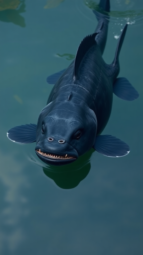 A big black fish with a cow face swims in water.