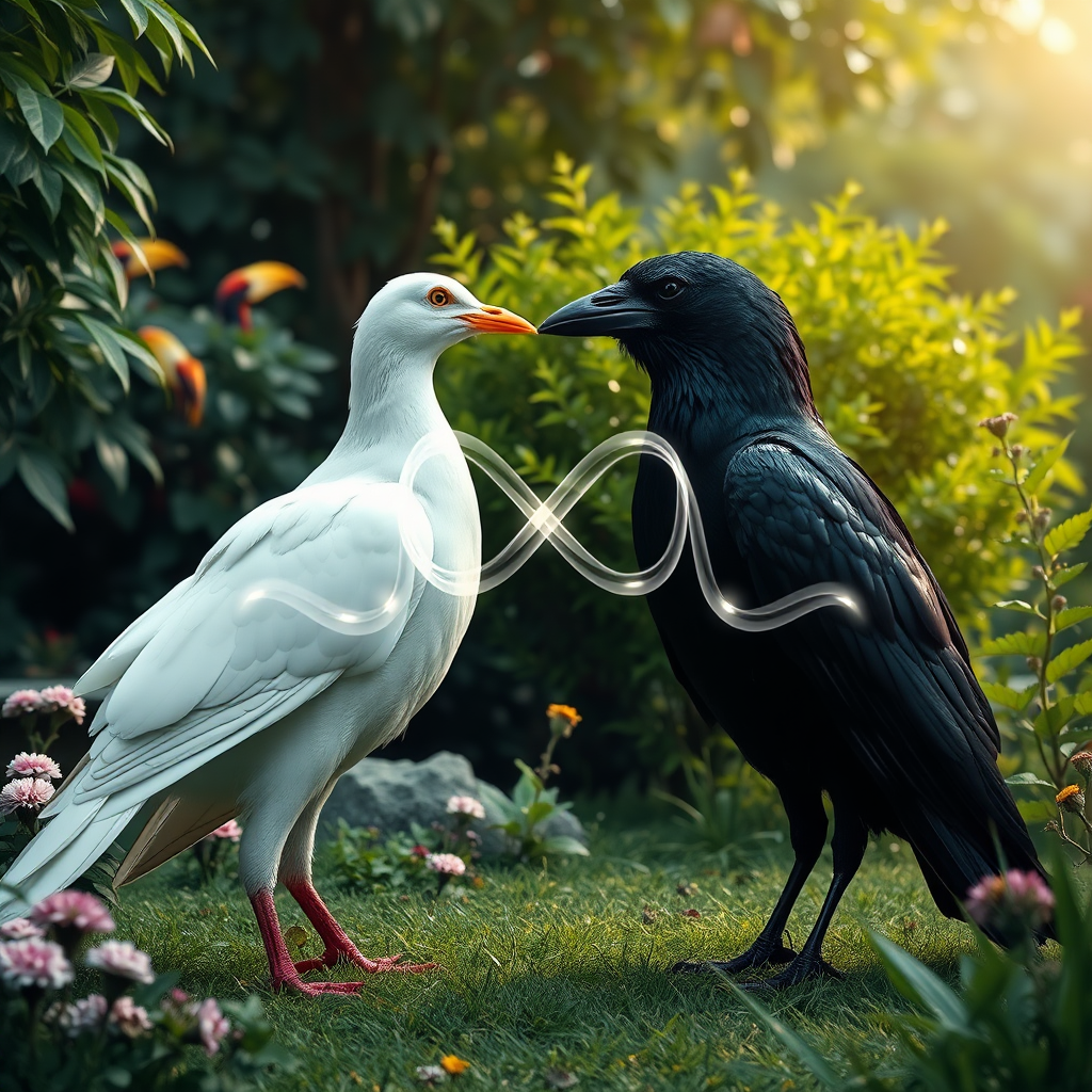 a huge white dove and a huge black crow standing facing each other within a clearing in an incredible lush garden. The beak of the dove is touching the beak of the crow. There is an abstract infinity symbol of wavy, transparent light energy that crosses as the beaks and covers the entire bodies of the birds