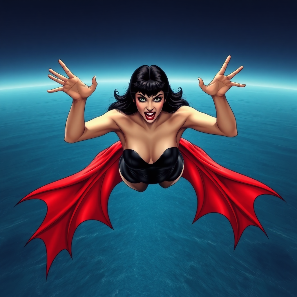 Create a HQ photographic image of Vampirella. She is flying with both hands extended over her head. She is facing the viewer. The background consists of a vast expanse of sea, with nothing else visible on the horizon. Her fangs are exposed.