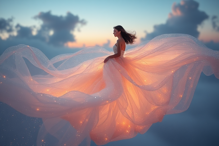 In a dreamlike realm where reality melds with fantasy, a girl floats serenely in a vast expanse of mesmerizing fabric. She is enveloped in an extraordinarily large dress, its countless layers of gossamer material billowing around her like soft, undulating ocean waves, catching the faintest breath of a breeze. Each delicate layer is adorned with shimmering threads that twinkle like distant stars, reflecting an array of pastel hues—pinks, blues, and silvers—that dance playfully with the light.

Her figure, a silhouette of elegance and ethereal charm, exudes an air of calm serenity. The intricate folds of the dress create a breathtaking tableau, invoking images of drifting blossoms carried by the wind. As she gently sways, the fabric rustles softly, a whispering sound that harmonizes with the distant echoes of nature. The backdrop is a surreal twilight, where soft, glowing clouds float gracefully, illuminated by a gentle, warm light that seeps through the translucent fabric, bathing the scene in an almost mystical luminescence.

The atmosphere is tranquil yet alive, filled with the scent of fresh blossoms and a hint of ocean breeze, as if she is both part of a dream and the awakening of a world untouched by time. As she drifts deeper into this soft sea of fabrics, her expression radiates a mix of wonder and peaceful introspection, embodying both grace and the freedom of unrestrained flight in an enchanting, enchanted landscape.