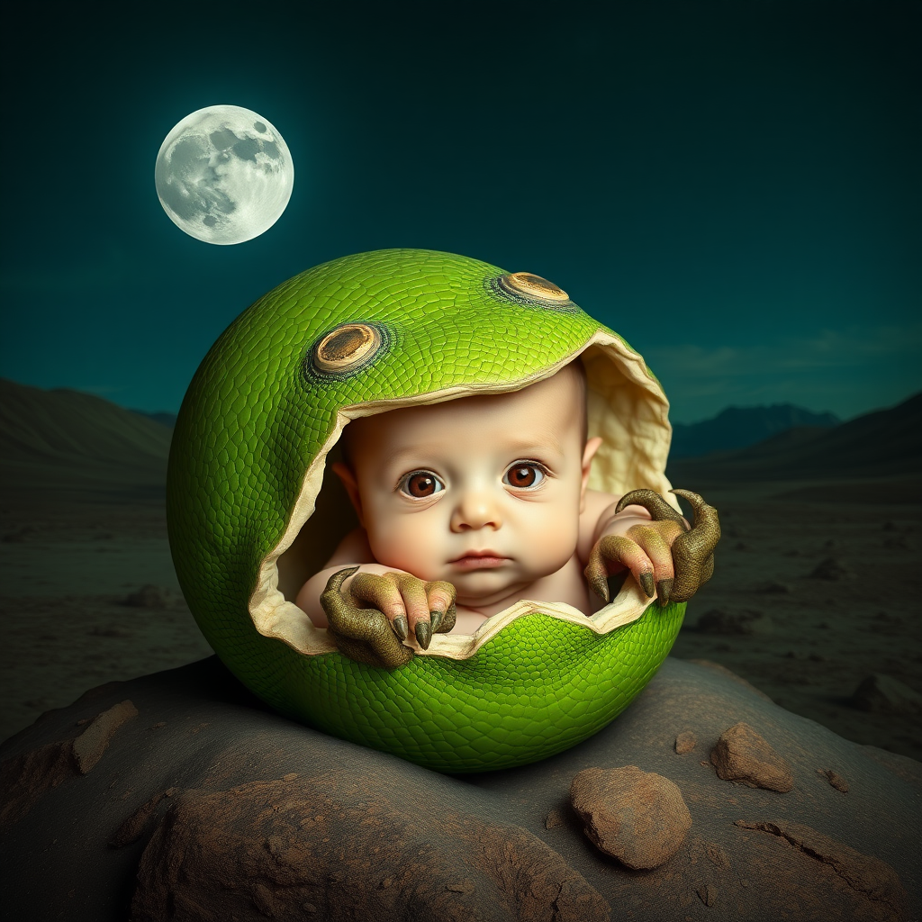 Create a photorealistic mix picture in Salvador Dali style. With a fresh newborn human baby hatching from what looks like a green reptile egg. The baby looks straight into the camera. The baby has red pupils. The baby has reptile hands with claws. Scene: moon landscape.