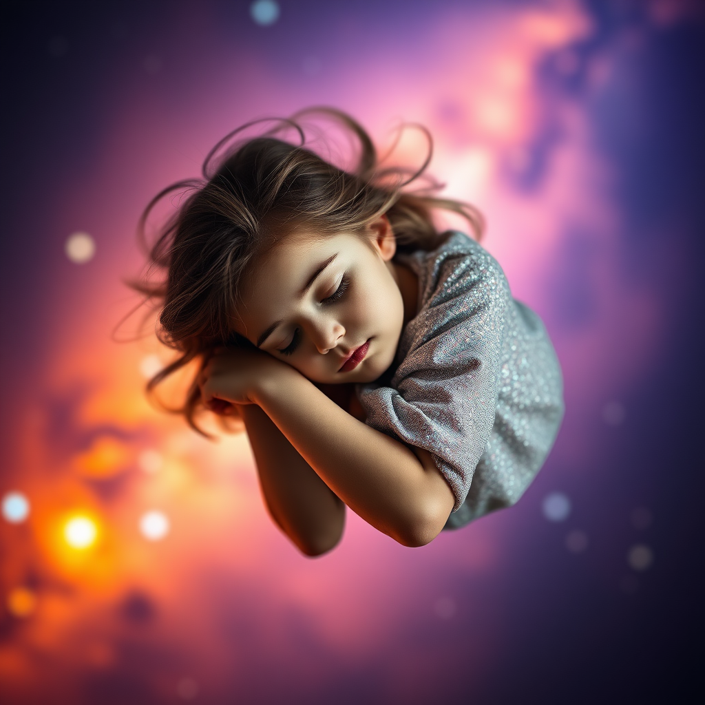 preteen girl floating in space, sleeping, Low Key Lighting, dreamscape, nebula, Bokeh, abstract, brilliant colors, glittering, translucent, iridescent, natural skin, glowing, artistic photo, panoramic, awe, airy, original, experimental, interdimensional